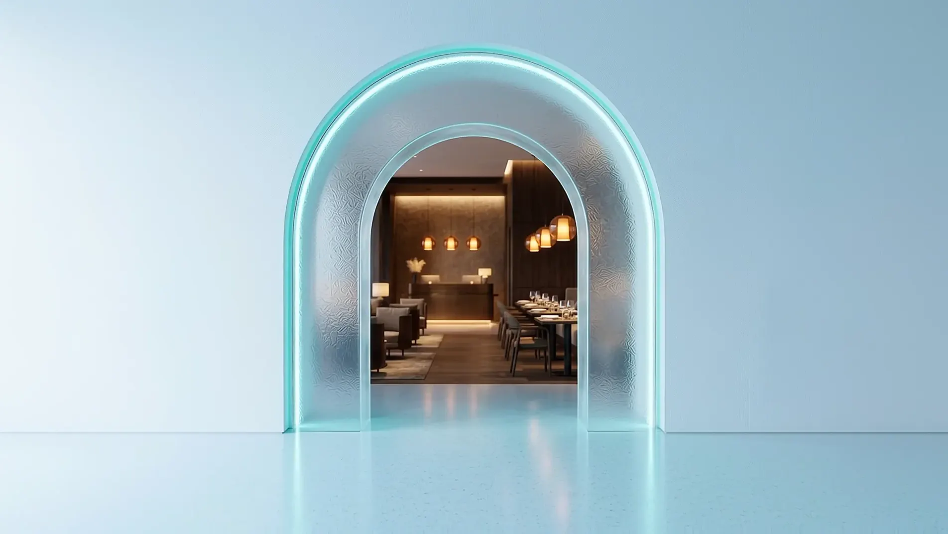 A frosted ice-glass arch opening onto a warm restaurant